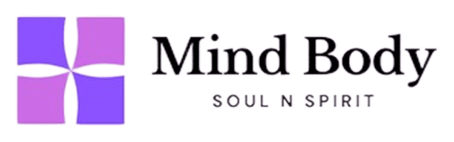 Logo with a purple, four-petal flower design on the left and the text "Mind Body" in bold, followed by "SOUL N SPIRIT" underneath.