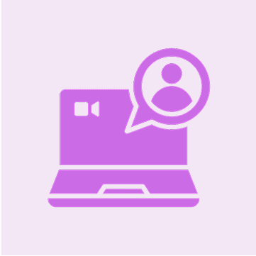 Icon of a laptop with a video call symbol, featuring a speech bubble containing a user profile silhouette, in purple on a light background.
