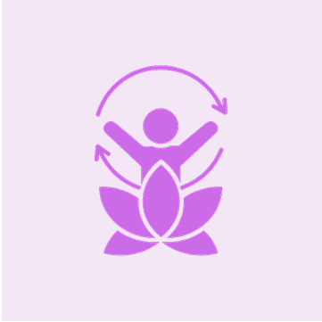 Abstract purple icon of a person with arms raised, surrounded by arrows, above a lotus flower on a light background.