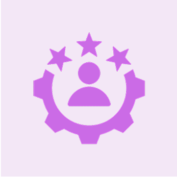 Purple icon of a person with three stars above, encircled by a gear.