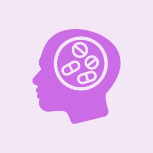 Silhouette of a head in purple with various pill shapes inside, depicting a concept of medication or mental health.