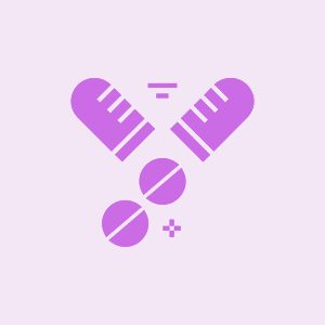 An icon showing two capsules and two round pills in purple on a light background.