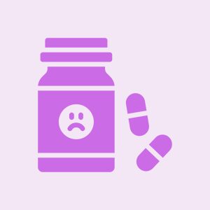 Illustration of a purple medicine bottle with a sad face label next to two capsules on a light purple background.