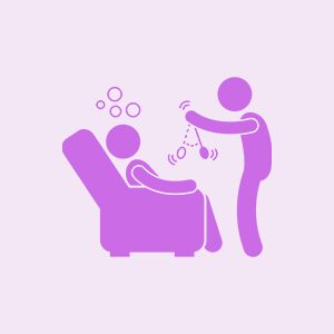 Illustration of a person sitting in a chair, eyes closed, with another person holding a swinging pendulum, symbolizing hypnosis.